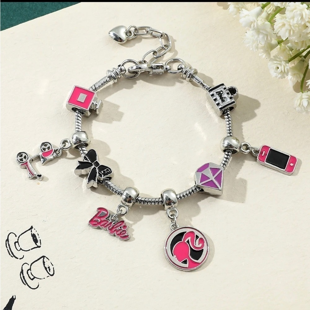 Silver Plated Barbie Barbiecore Themed Charms and Bracelet